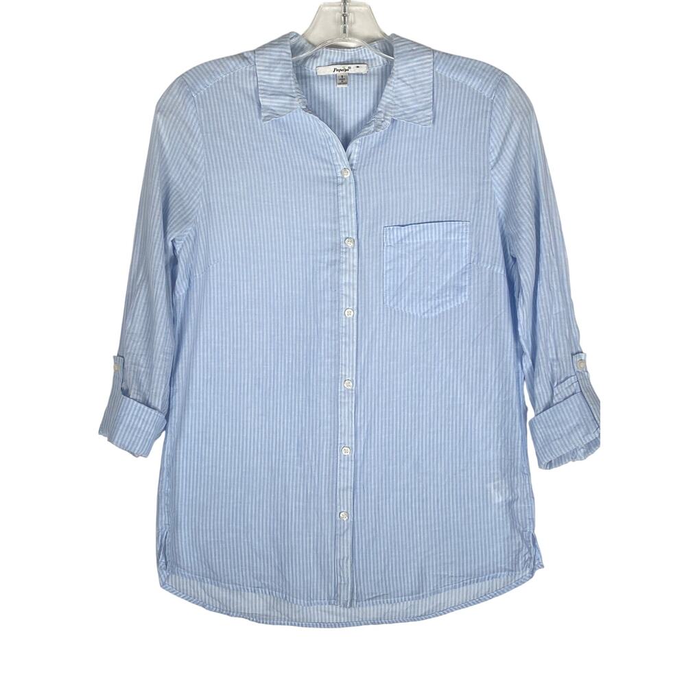 Papaya Blue Striped Button Up Shirt Womens S Cotton Roll Tab Preppy Coastal